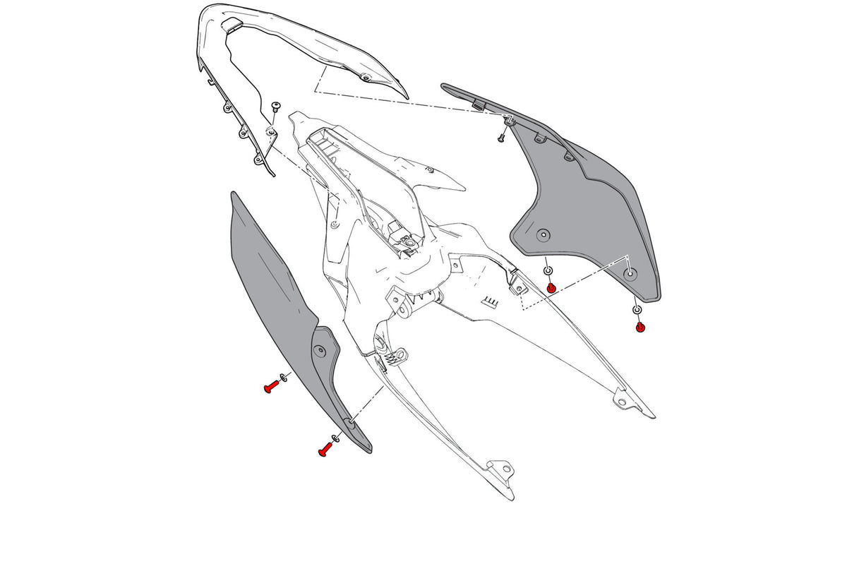 Exploded-view tekening van de undertail bouten voor Ducati Streetfighter V4, met gemarkeerde bevestigingspunten.