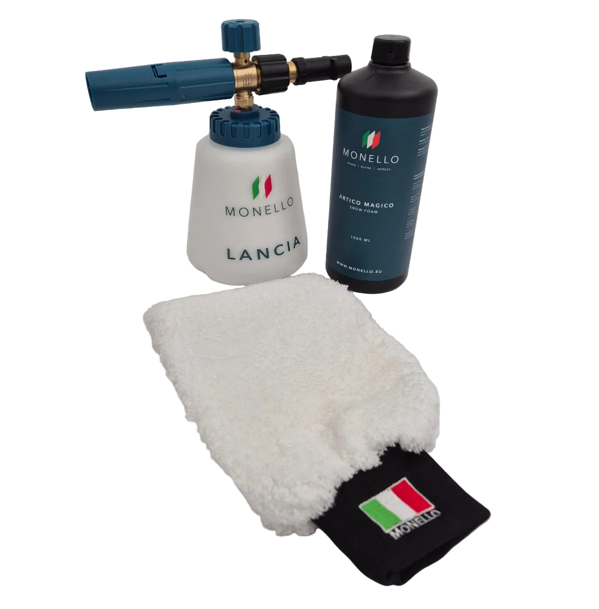 Extra zacht (pre)wash pakket voor de motor, bestaande uit de extra zachte washandschoen Monello Delicato, 1L Artico Magico Snow Foam en de Monello Lancia foamlans