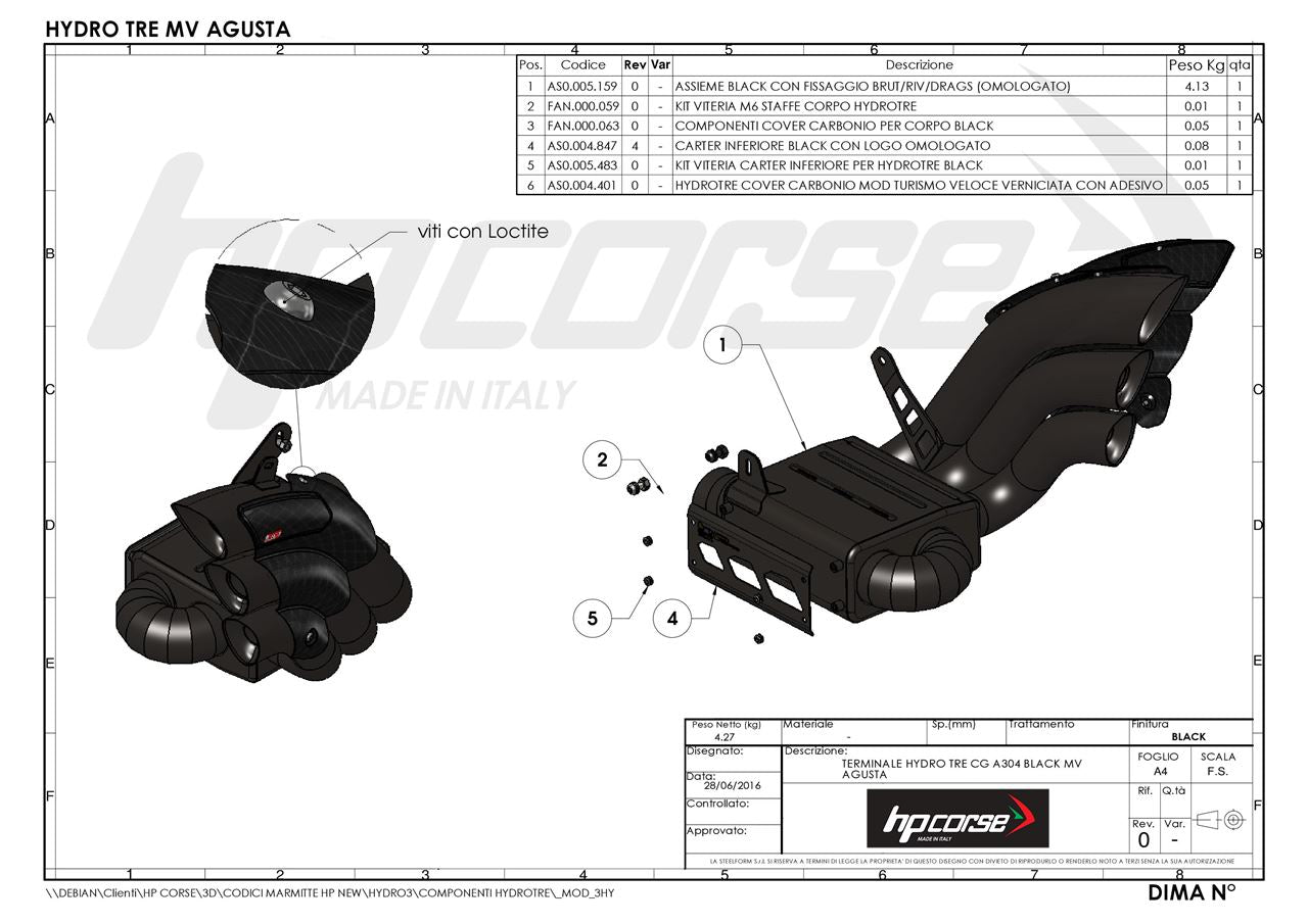 Technische tekening van de HP Corse Hydrotre Black Carbon uitlaat voor MV Agusta Turismo Veloce