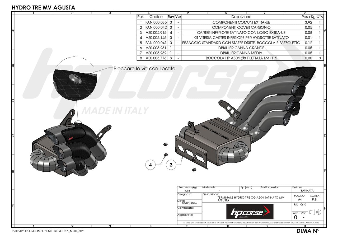 Technische tekening van de HP Corse Hydrotre Satin Carbon uitlaat voor MV Agusta Turismo Veloce