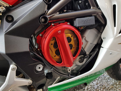 Open koppelingsdeksel met lexaan venster MV Agusta Dragster 800 RC E4 (2017-2020) rood met gouden drukplaat en zwarte veerschotels