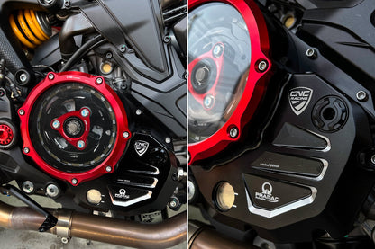Koppelingsdeksel met open venster Pramac Racing Edition Ducati Multistrada 950 S (2019-2021) zwart-rood gemonteerd op Monster
