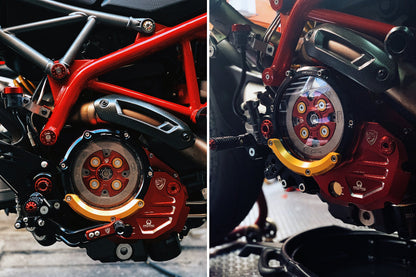 Koppelingsdeksel met open venster Pramac Racing Edition Ducati Monster 821 Dark (2016) rood-zwart gemonteerd