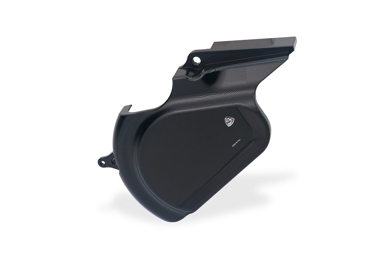 Zwarte CNC Racing voortandwielcover voor Ducati Panigale V2 / Streetfighter V2 (2025+), billet aluminium met anodized afwerking.