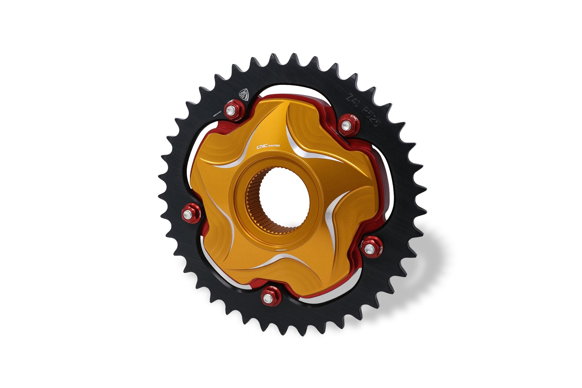 Achtertandwieldrager Bicolor MV Agusta Dragster 800 Rosso E5 (2021+) tandwieldrager CNC Racing voorbeeldfoto goud-zilver met tandwiel en moeren