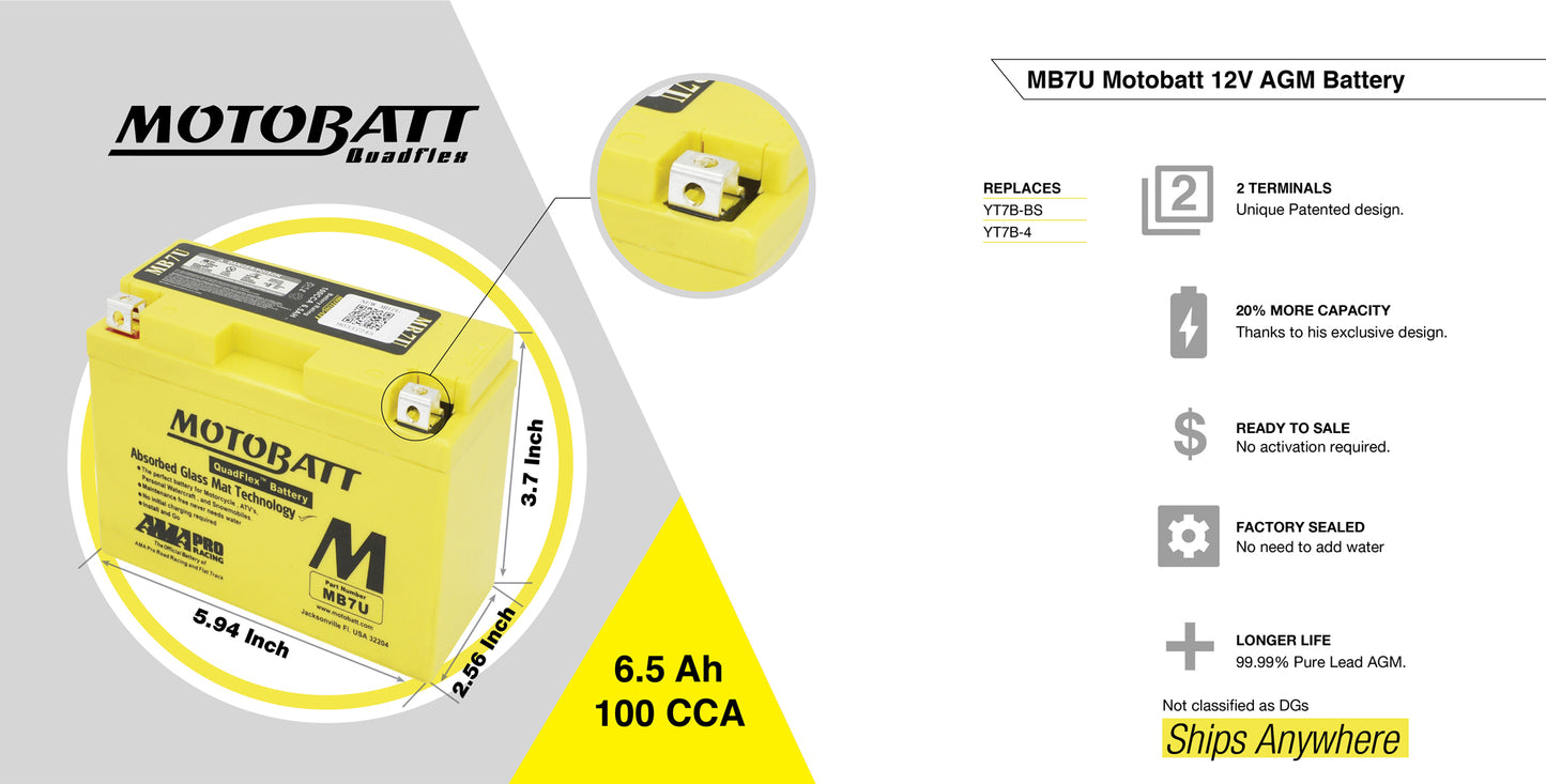 MotoBatt MB7U SLA Batterie 12V / 7AH / 100CCA (7,4AH 20HR / 324PHCA)