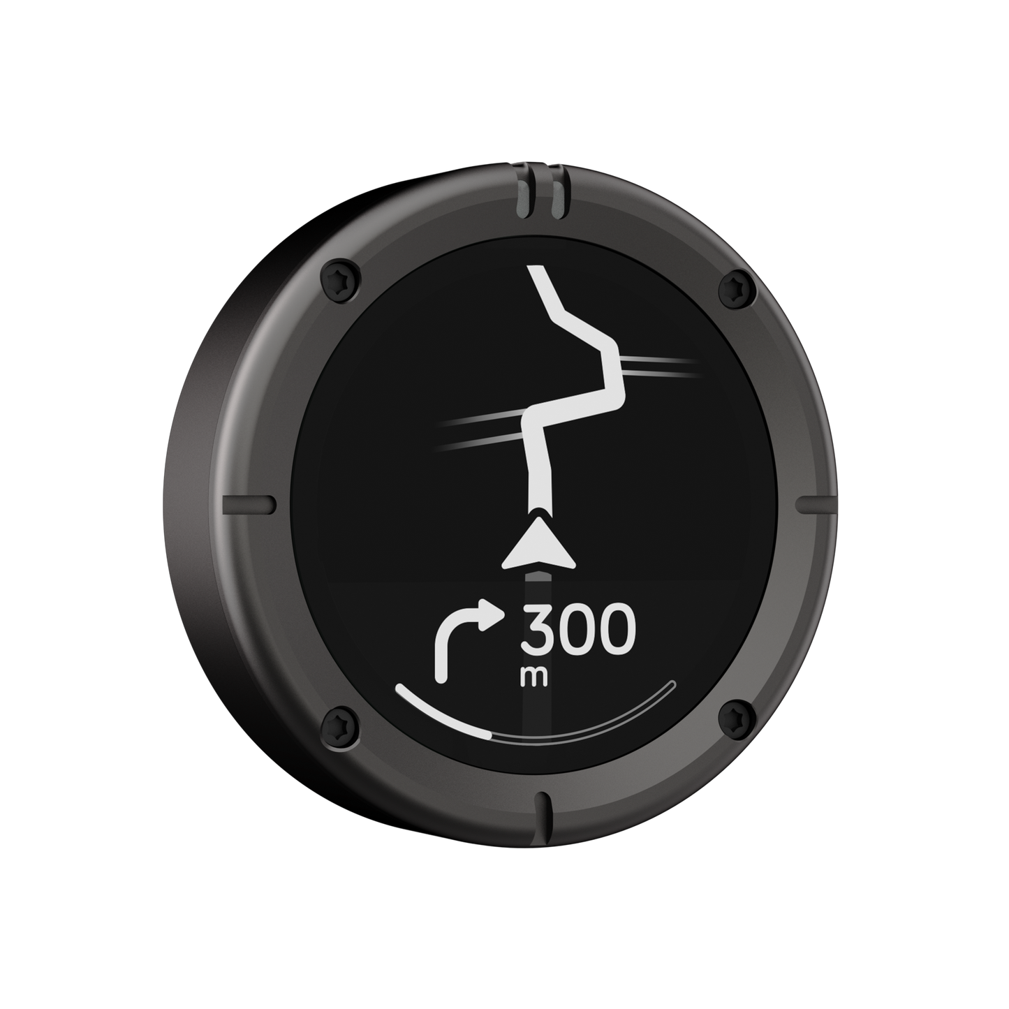Beeline Moto 2 navigatiesysteem gun-metal-grey rand schuine hoek weergave met route en bochtinstructies