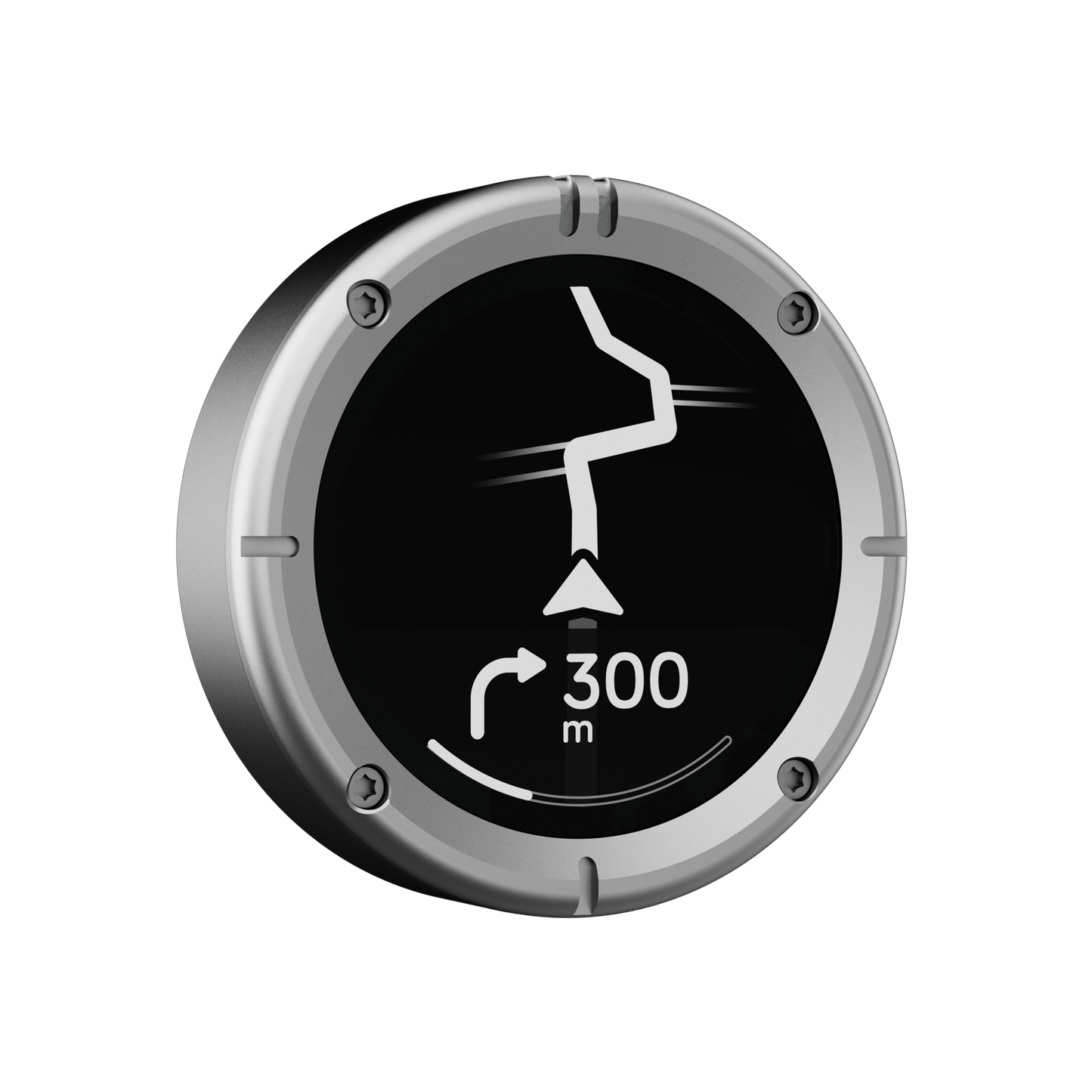 Beeline Moto 2 navigatiesysteem zilver rand schuine hoek weergave met route en bochtinstructies
