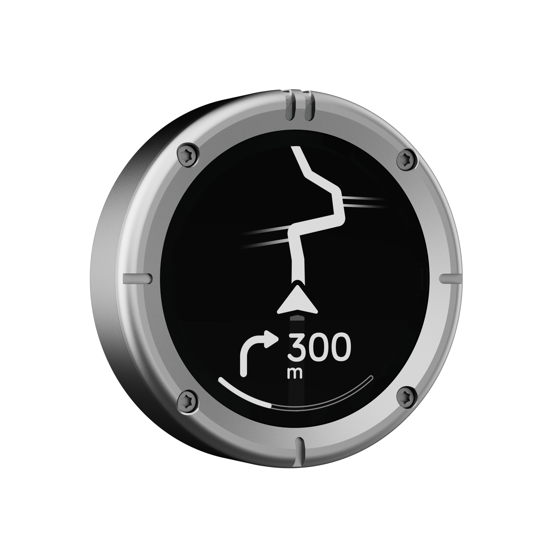 Beeline Moto 2 navigatiesysteem zilver rand schuine hoek weergave met route en bochtinstructies
